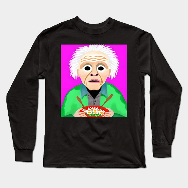 ai generated aging old man eating daisies Long Sleeve T-Shirt by Catbrat